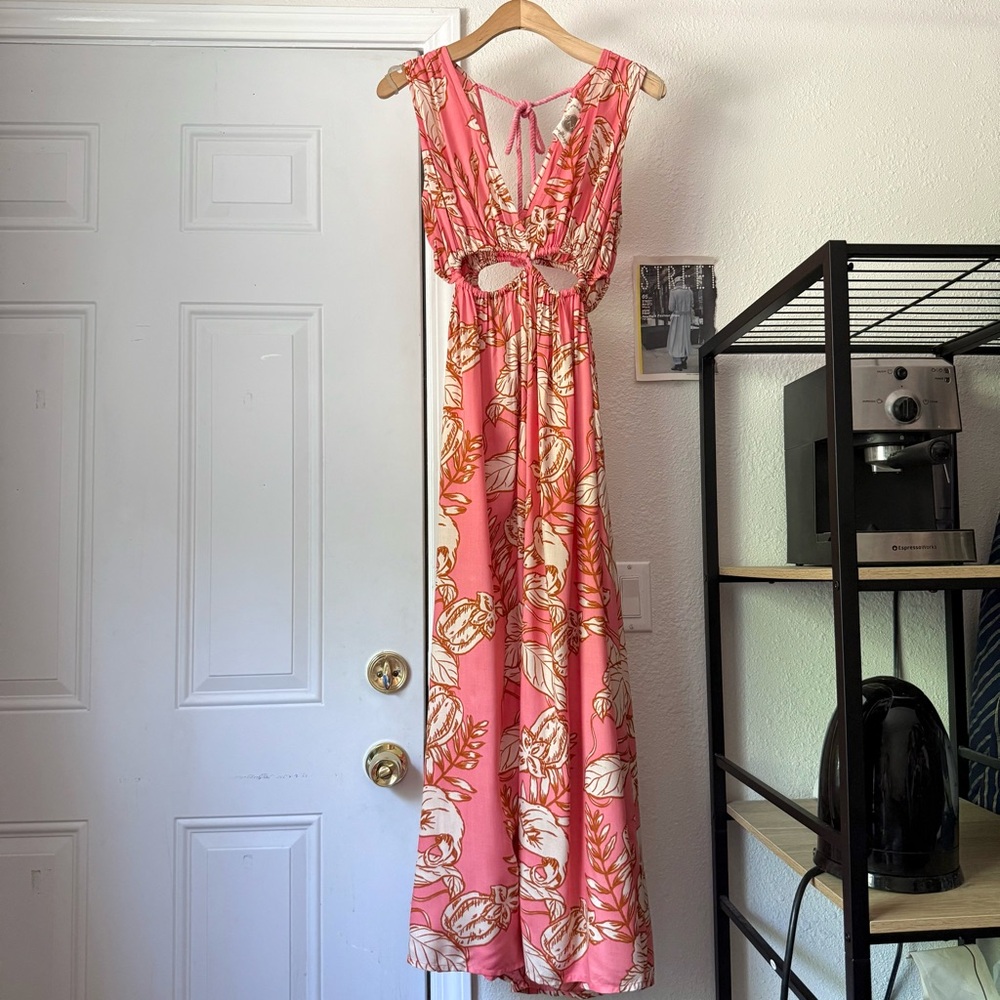 ZULU pink floral‎ viscose cutout elastic waist sleeveless sun midi maxi dress